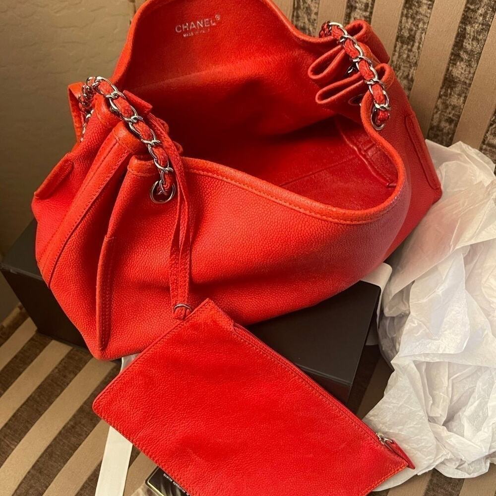 Chanel Red Caviar Leather Camelia Patch Accordion Bag + pouch & gift Box ♥️ 🎁💝 - Picture 9 of 12